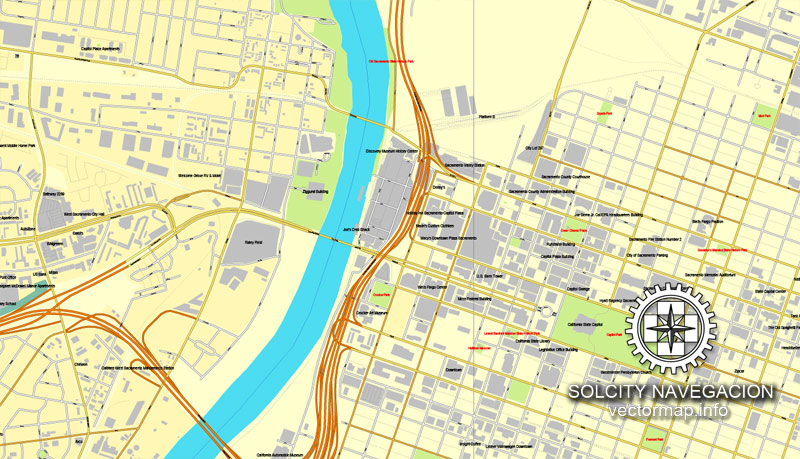 Vector map Sacramento, California, US printable vector street City Plan map, full editable, Adobe Illustrator
