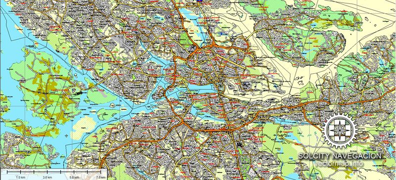 Stockholm, Sweden printable vector street full Atlas 25 parts map, full editable, Adobe Illustrator, full vector 3 x 3 m, scalable, editable, text format street names, 110,6 mb ZIP
