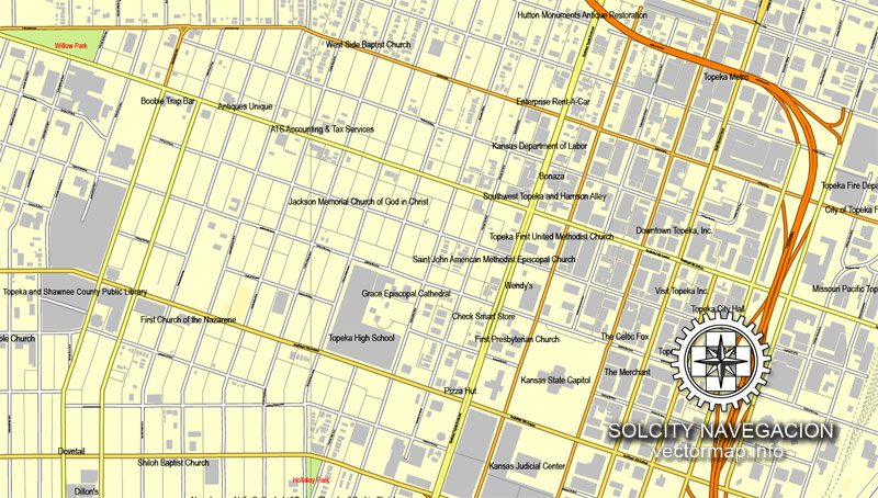 Map of Topeka, US printable vector street City Plan map, full editable, Adobe Illustrator