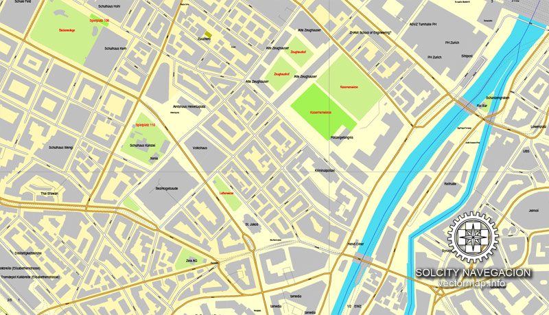 Map Zurich, Switzerland printable vector street full City Plan map, full editable, Adobe Illustrator