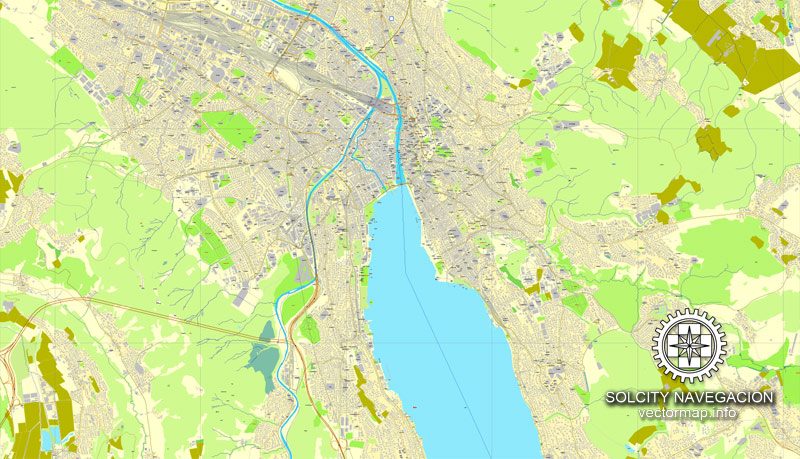 Map Zurich, Switzerland printable vector street full City Plan map, full editable, Adobe Illustrator