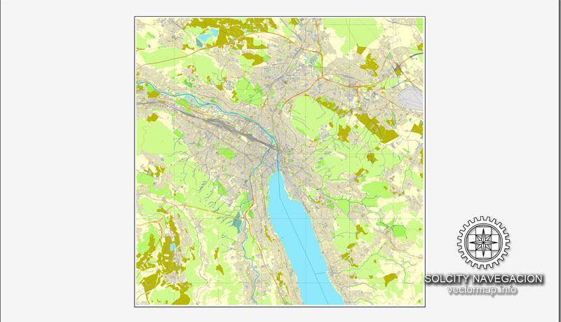 Zurich, Switzerland printable vector street full City Plan map, full editable, Adobe Illustrator