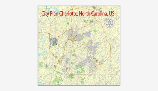 Printable City Plan Map of Charlotte, NC, US, Adobe Illustrator, full vector 3 x 3 m