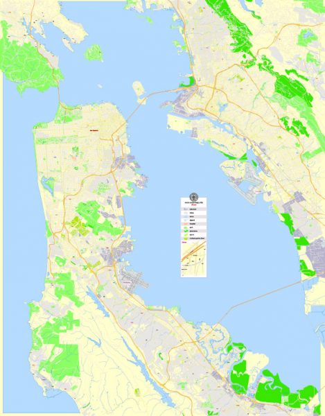 Printable Map San Francisco, California, US, exact vector Map street G-View City Plan Level 17 (100 meters scale)  fully editable, Adobe Illustrator