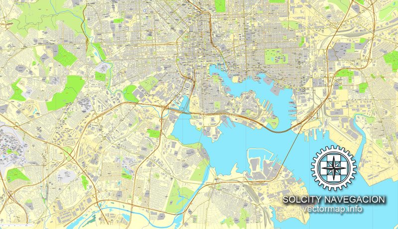 Baltimore, Maryland, US printable vector street City Plan map, full editable, Adobe illustrator