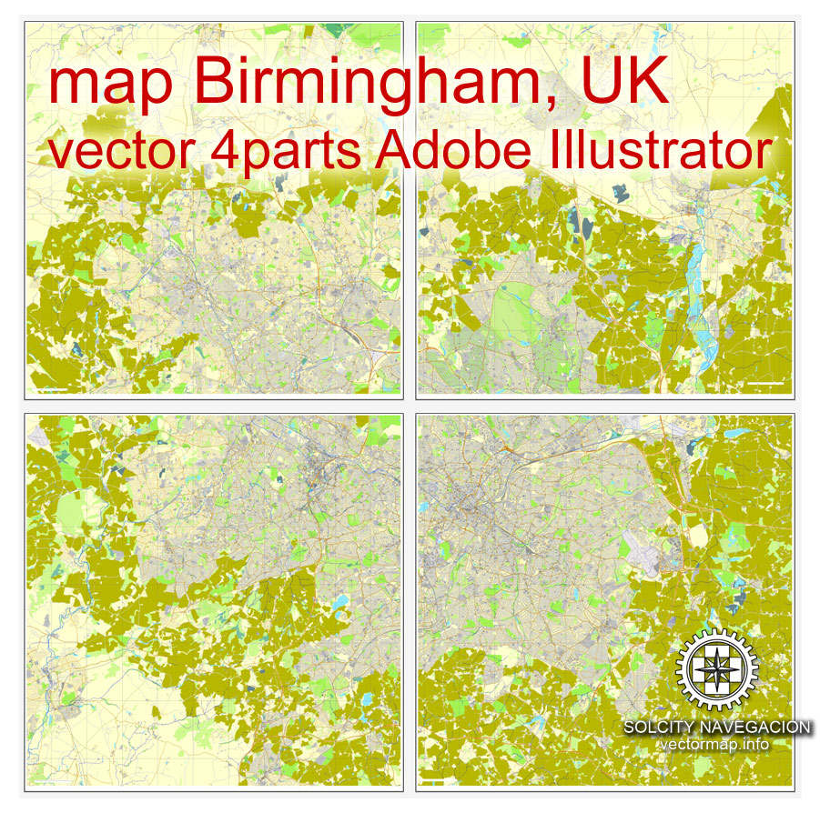 Birmingham, UK Great Britain, printable vector street City Plan map, full editable, Adobe Illustrator