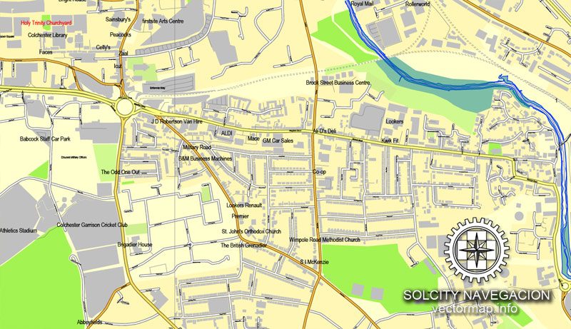 Map vector Colchester, England, UK Great Britain, printable vector street City Plan map, full editable, Adobe Illustrator