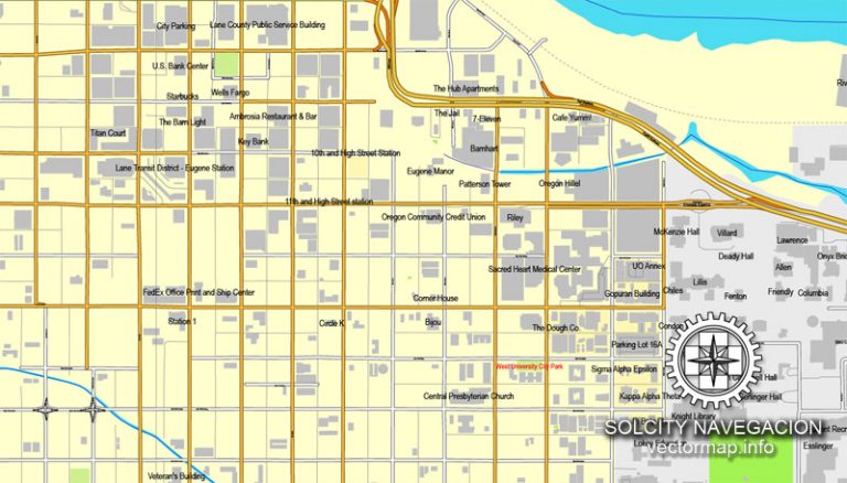 Eugene, Oregon, US printable vector street City Plan map, full editable ...