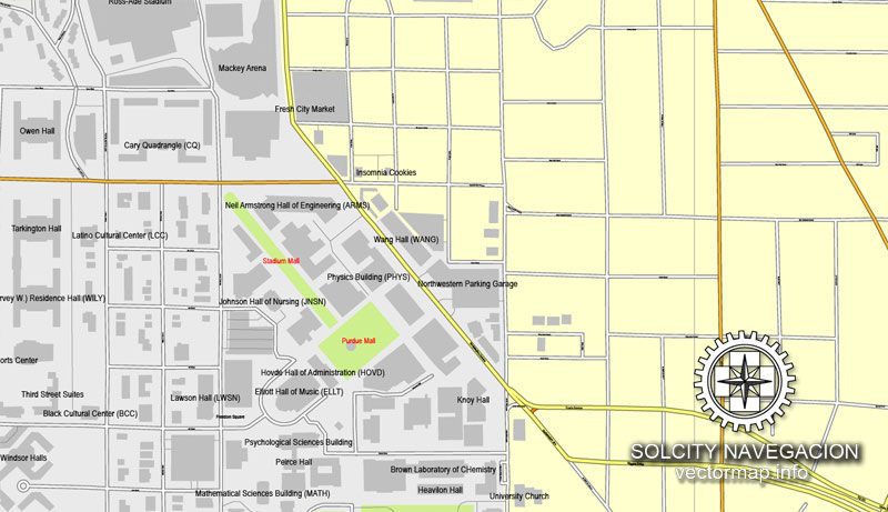 Lafayette, Indiana, US printable vector street City Plan map, full editable, Adobe Illustrator