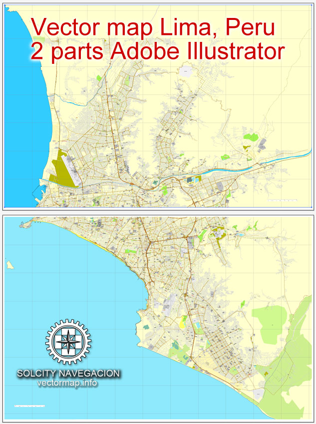 Lima, Peru, 2 part map, printable vector street City Plan map, full ...