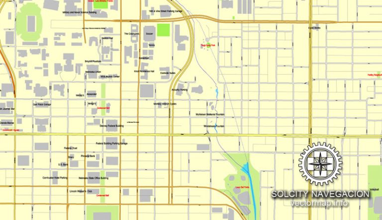 Lincoln Nebraska US printable vector street map: City Plan full ...