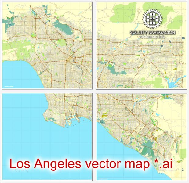Los Angeles Grande Map, California US printable vector street City Plan ...
