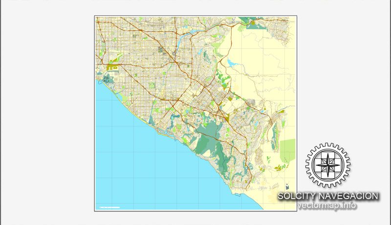 Map vector Los Angeles Grande Map, California US printable vector street City Plan 4 parts map, full editable, Adobe Illustrator Map for design, print, arts, projects, presentations, for architects, designers and builders