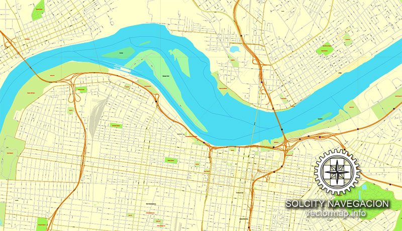 Louisville, Kentucky, US printable vector street City Plan map, full editable, Adobe Illustrator