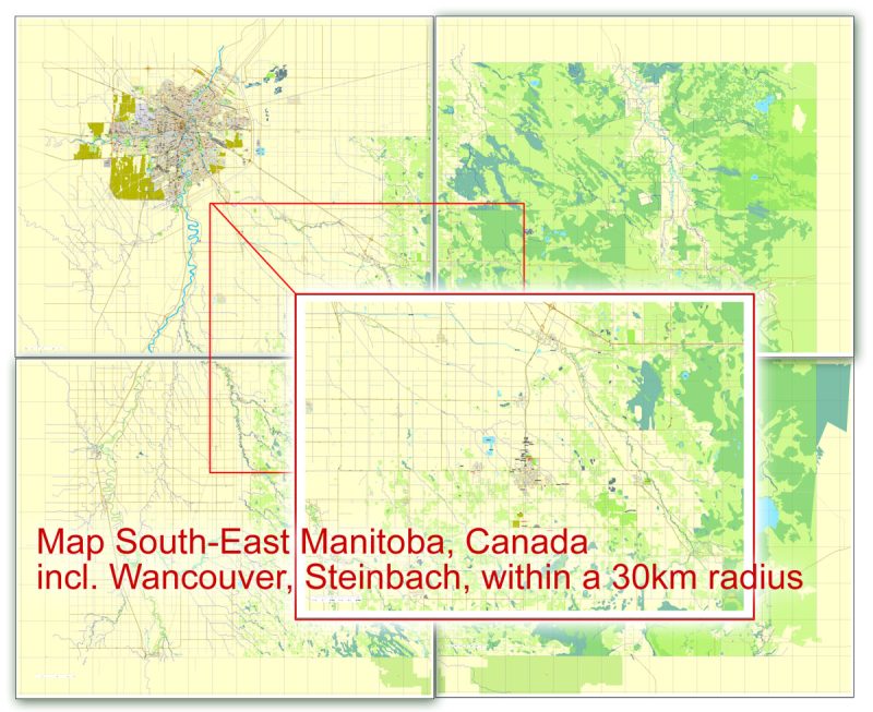 Winnipeg Steinbach Vector Map Canada printable City Plan 5 parts City Plan editable Adobe Illustrator