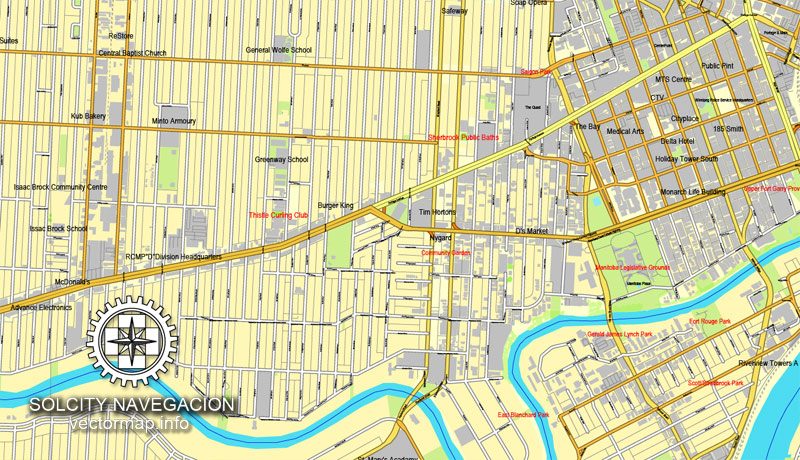 Winnipeg, Steinbach, Canada printable vector street City Plan 5 parts map, full editable, Adobe Illustrator