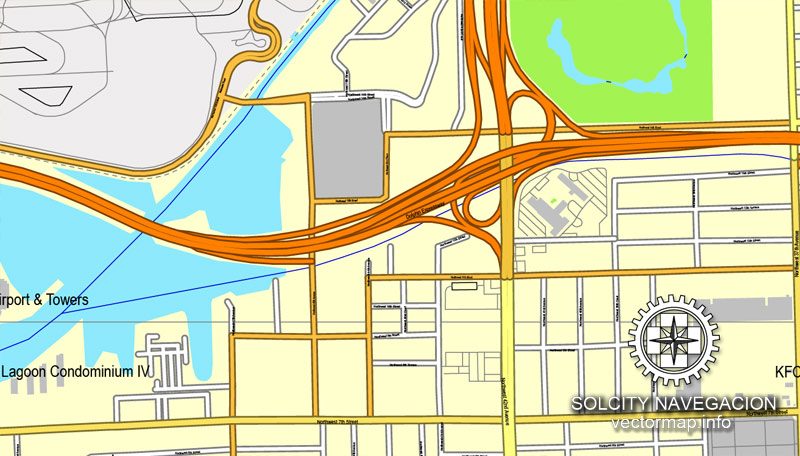 Vector map Miami, Florida, US printable vector street City Plan map 3 parts, full editable, Adobe Illustrator