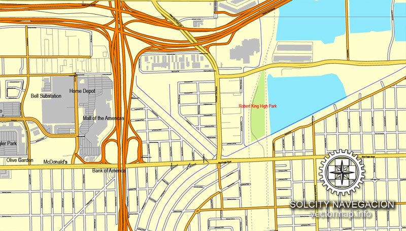 Vector map Miami, Florida, US printable vector street City Plan map 3 parts, full editable, Adobe Illustrator