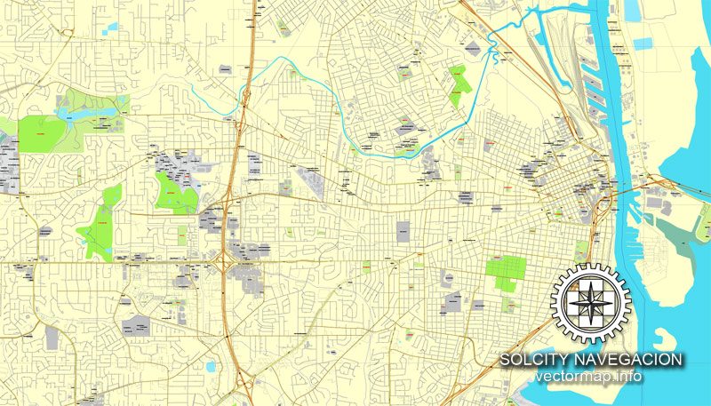 Mobile Alabama US printable vector street map: City Plan full editable, Adobe Illustrator