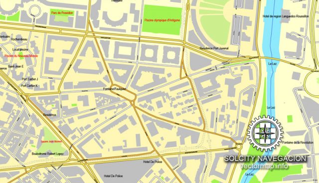 Montpellier, France printable vector street City Plan map, full editable, Adobe Illustrator