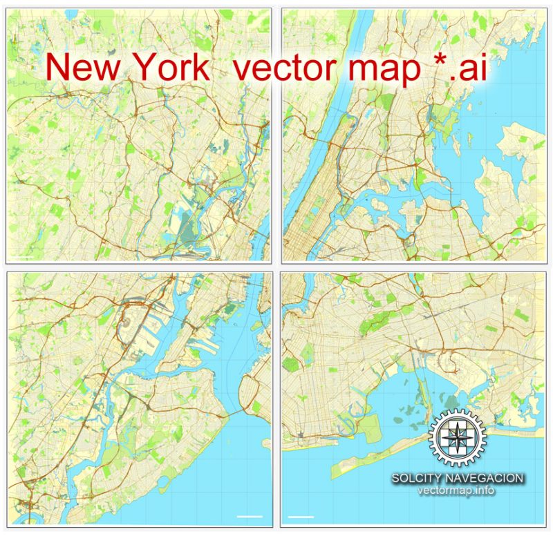 Map vector New York Grande Map, US printable vector street City Plan 4 parts map, full editable, Adobe Illustrator Map for design, print, arts, projects, presentations, for architects, designers and builders