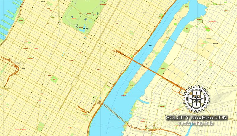 Map vector New York Grande Map, US printable vector street City Plan 4 parts map, full editable, Adobe Illustrator Map for design, print, arts, projects, presentations, for architects, designers and builders