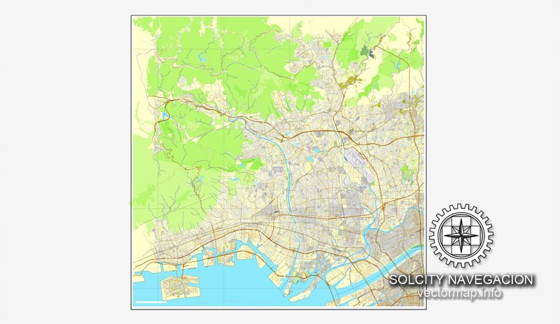 Osaka, Japan in Adobe PDF, printable vector street 4 parts City Plan map, fully editable