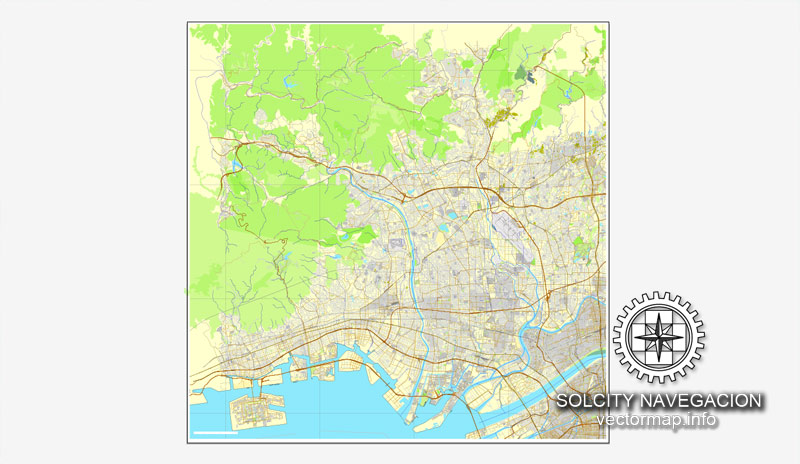 Osaka, Japan in Adobe PDF, printable vector street 4 parts City Plan map, fully editable