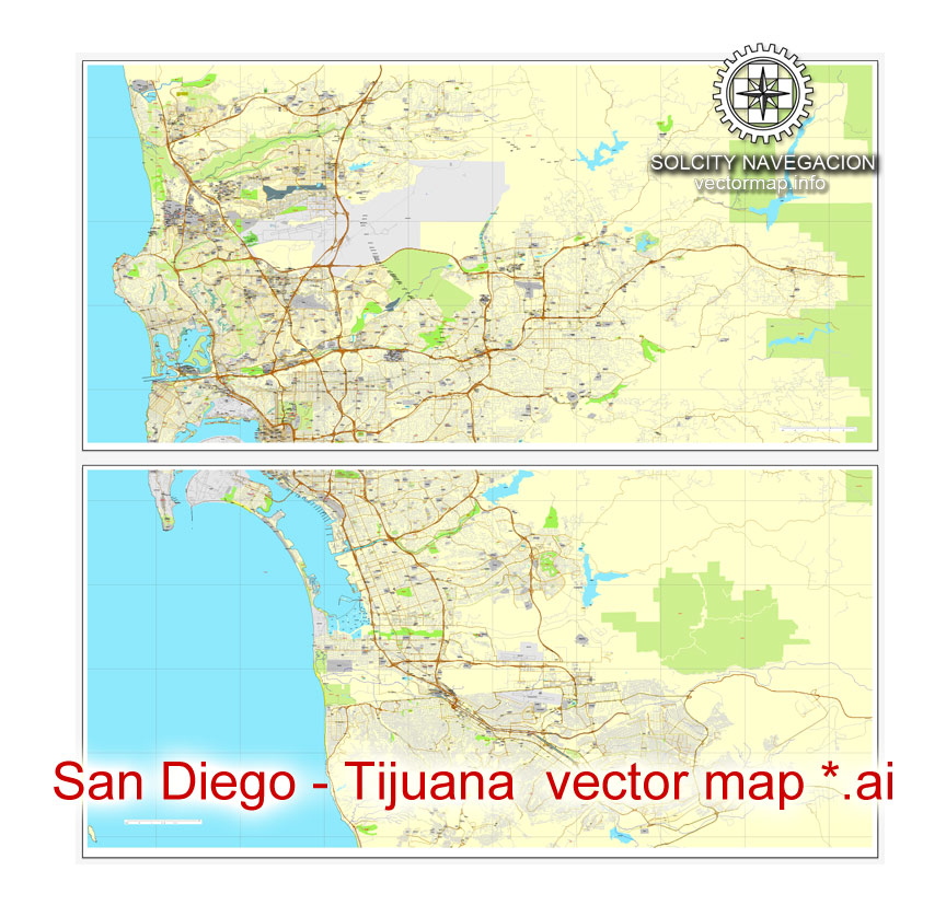 Map vector San Diego + Tijuana, California, US/MX printable vector street City Plan 2 parts map, full editable, Adobe Illustrator Map for design, print, arts, projects, presentations, for architects, designers and builders