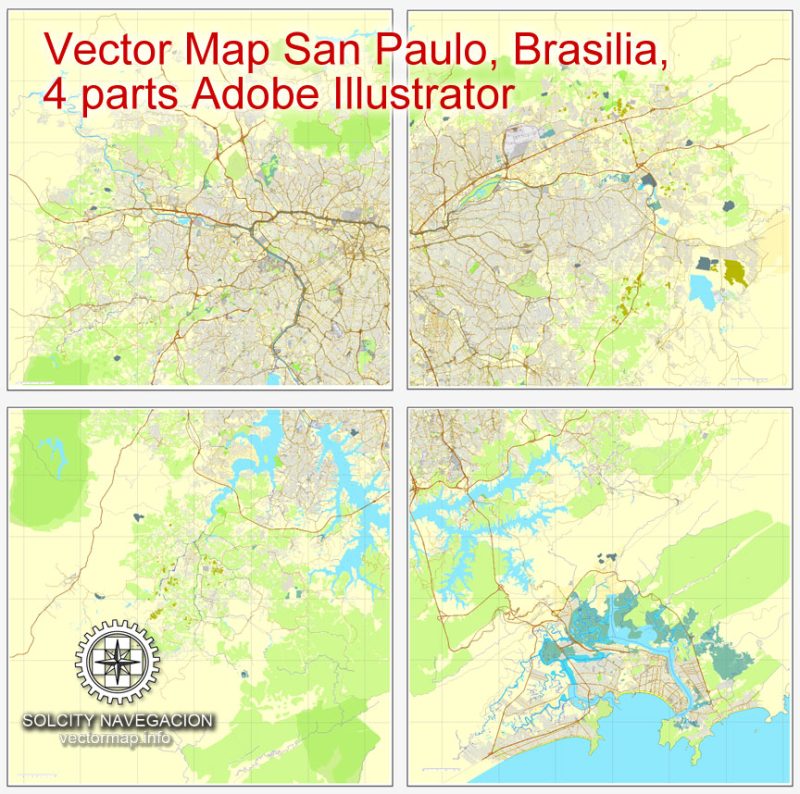Map vector San Paulo, Brasilia, 4 part map, printable vector street City Plan map, full editable, Adobe illustrator Map for design, print, arts, projects, presentations, for architects, designers and builders