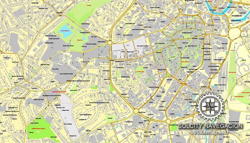 Sheffield, UK Great Britain, printable vector street City Plan map, full editable, Adobe Illustrator