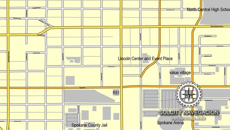 Map for print Spokane, Washington, US printable vector street City Plan map, full editable, Adobe Illustrator