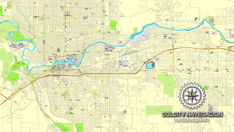Spokane Washington US printable vector street map: City Plan full editable, Adobe Illustrator
