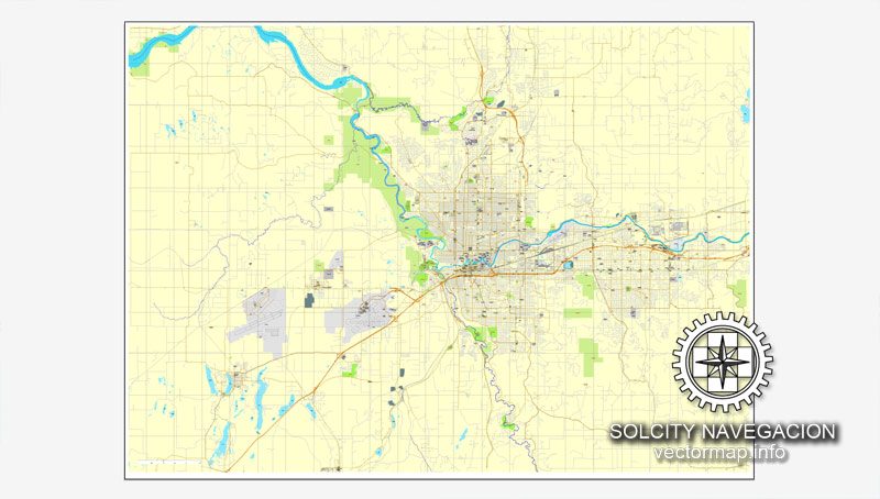 Map for print Spokane, Washington, US printable vector street City Plan map, full editable, Adobe Illustrator