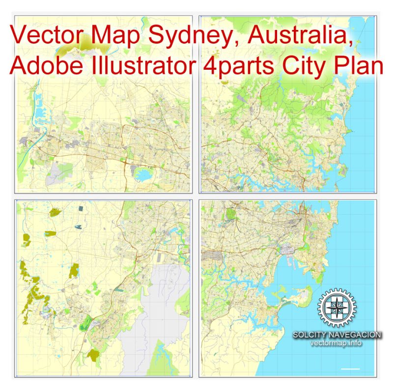 Map vector Sydney, Australia, printable vector street 4 parts City Plan map, full editable, Adobe illustrator Map for design, print, arts, projects, presentations, for architects, designers and builders