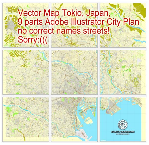 Map vector Tokyo, Japan, printable vector street 9 parts City Plan map, full editable, Adobe illustrator Map for design, print, arts, projects, presentations, for architects, designers and builders
