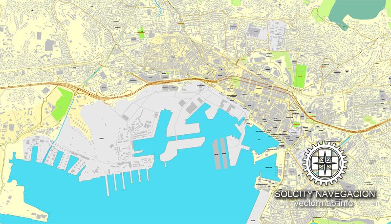 Toulon, France printable vector street City Plan map, full editable, Adobe Illustrator