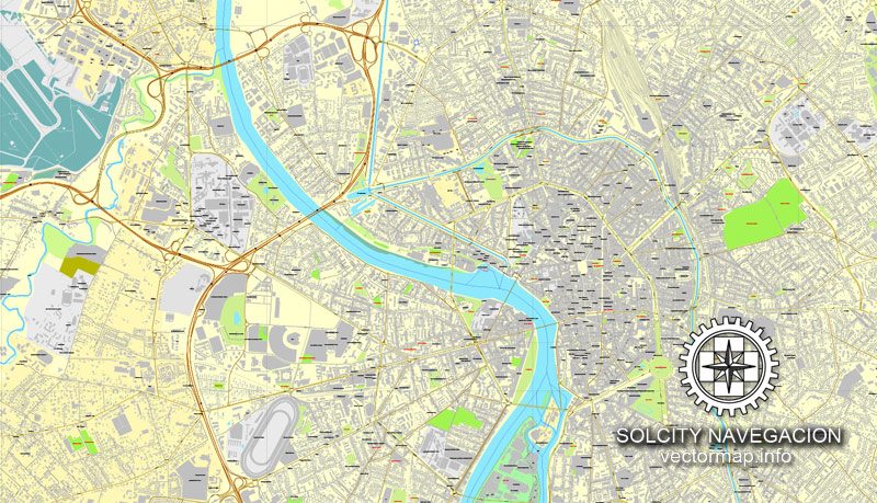 Toulouse, France printable vector street City Plan map, full editable, Adobe Illustrator