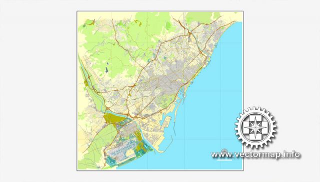 Barcelona, Spain, printable vector street City Plan map, full editable ...