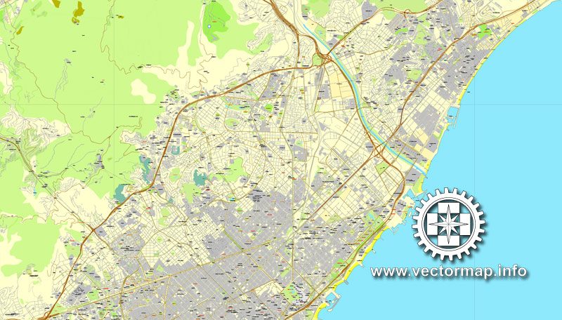 Map vector Barcelona, España, calle de vectores mapa imprimible Plan de la ciudad, lleno, Adobe Illustrator editable Map for design, print, arts, projects, presentations, for architects, designers and builders