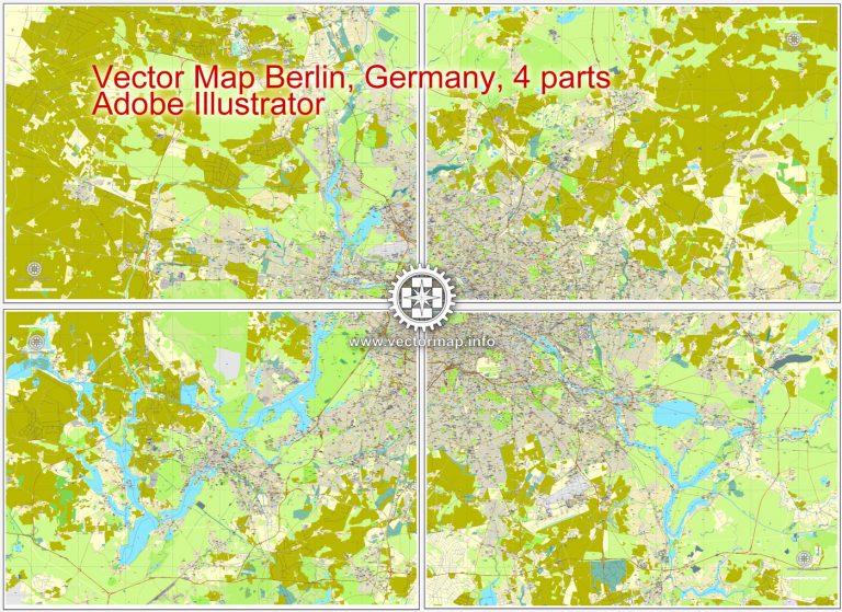 Berlin Map Vector Germany printable street map in 4 parts City Plan ...