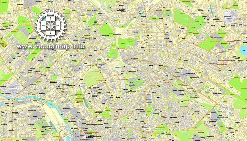 Map vector Berlin, Germany, printable vector street City Plan map in 4 parts, full editable, Adobe illustrator Map for design, print, arts, projects, presentations, for architects, designers and builders