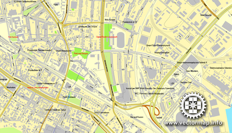 Gdansk + Sopot + Gdynia, Poland, printable vector street map, City Plan, full editable, Adobe Illustrator, Royalty free, full vector, scalable, editable, text format street names