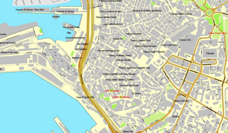 Genova / Genoa, Italy, printable vector street map City Plan, full ...