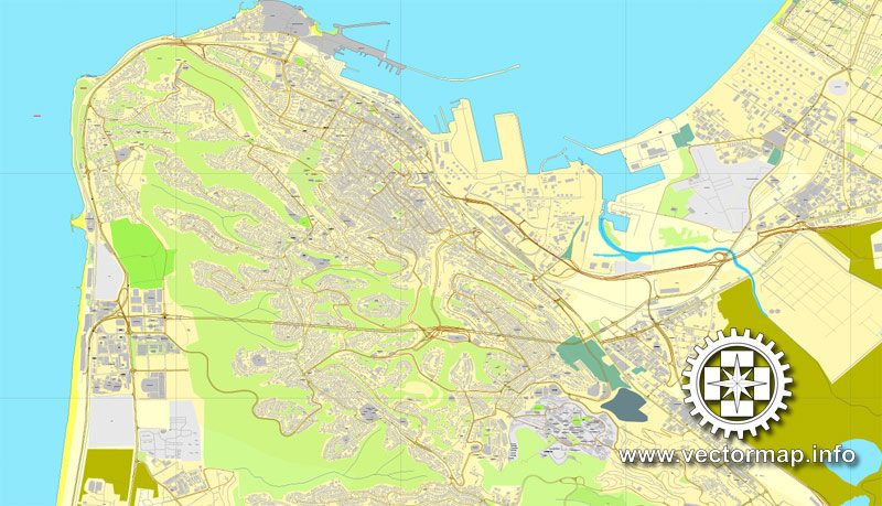 Haifa, Israel, printable vector street map, City Plan, full editable, Adobe Illustrator, Royalty free