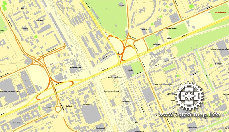 Киев, Украина, векторная карта в формате Adobe Illustrator, полностью редактируемая, имена улиц и объектов в текстовом формате