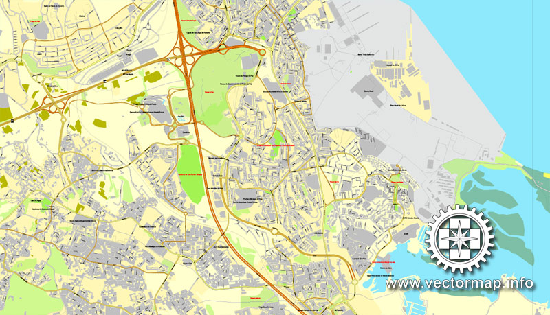 Lisbon / Lisboa, Portugal, printable vector street map City Plan, full editable, Adobe Illustrator, Royalty free, full vector, scalable, editable, text format street names, 12,9 mb ZIP All streets, All buildings.