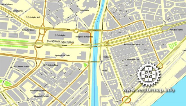 Malaga, Spain, printable vector street City Plan map, full editable ...