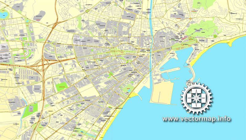 Malaga, Spain, printable vector street City Plan map, full editable ...