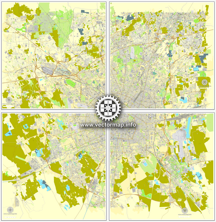 Milan / Milano, Italy, printable vector street map, 4 parts City Plan, full editable, Adobe Illustrator, Royalty free, full vector, scalable, editable, text format street names,